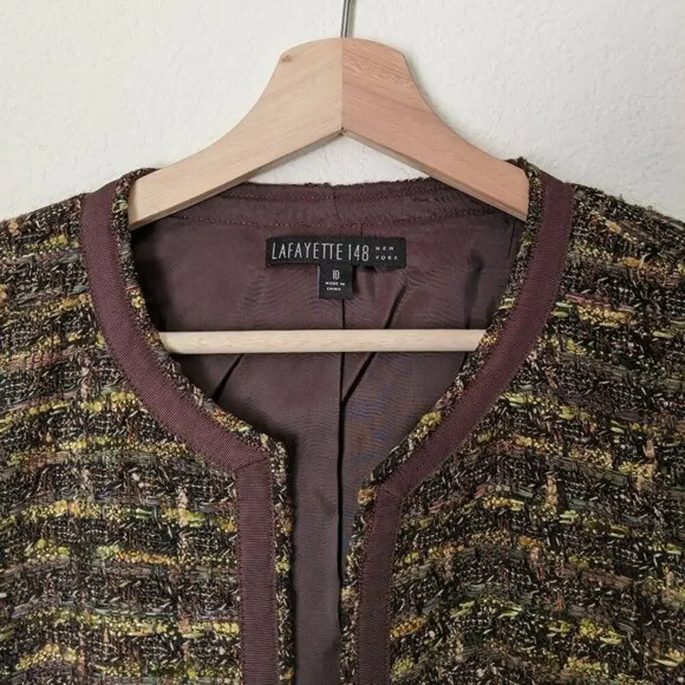 LAFAYETTE 148 NY Blazer Coat‎ Tweed Zip Up Blazer Jacket Brown Trim Women's 10